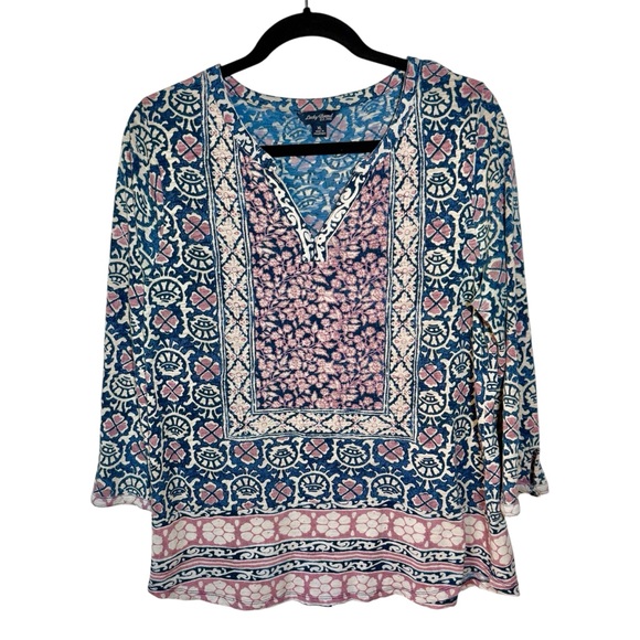 Lucky Brand Blouse Top XL Tapestry Floral Peasant Boho 3/4 Sleeve V-Neck Blue - Picture 1 of 8